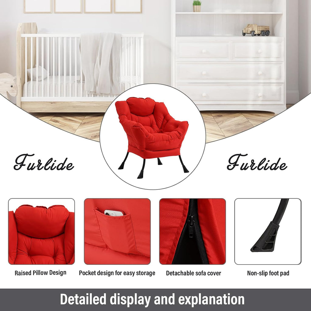 Furlide Lazy Chair with Ottoman, Modern Accent Chair with Armrests and a Side Pocket, Red Accent Chairs, Comfortable Reading Chairs, Oversized Armchairs for Bedroom, Study, Living Room, Courtyard