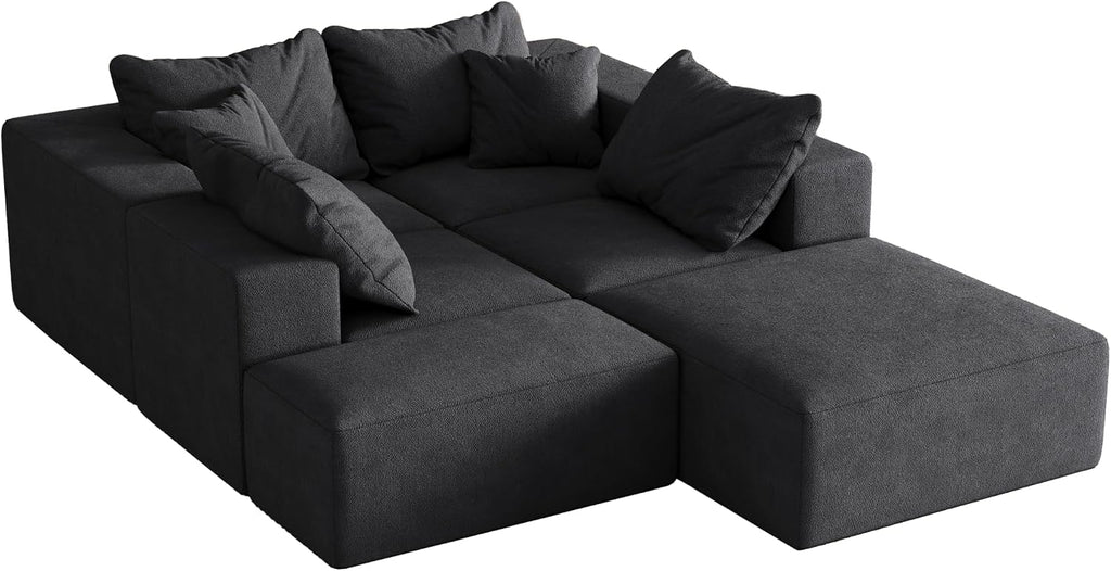 132' Modular Sectional Sleeper Sofa Couch, Modern Cloud Chenille Sectional Couch with Ottoman, Boneless U Shape Couches for Living Room, Free Combination, No Assembly Required, Black
