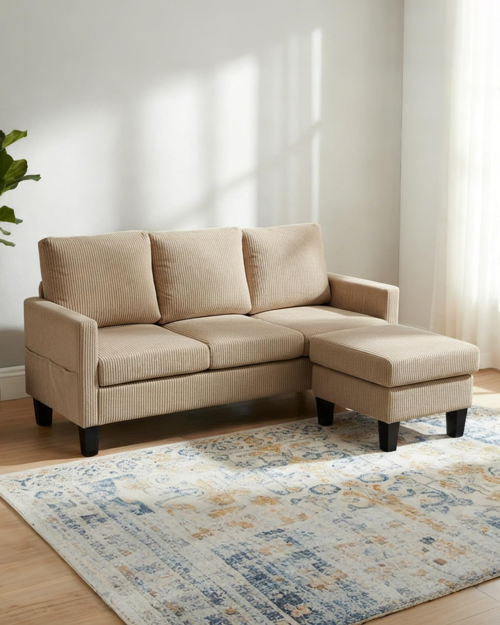 Karl home Small Sectional Couch L Shaped Sofa with Movable Storage Ottoman Corduroy Upholostered Sofa Chaise with Side Pockets for Living Room, Apartment, Studio, Khaki