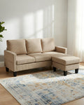 Karl home Small Sectional Couch L Shaped Sofa with Movable Storage Ottoman Corduroy Upholostered Sofa Chaise with Side Pockets for Living Room, Apartment, Studio, Khaki
