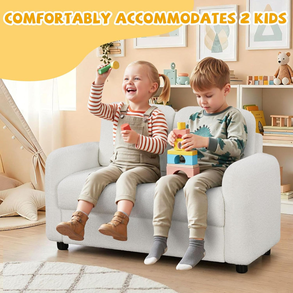 Costzon Kids Couch, 2 Seat Toddler Armrest Chair w/Teddy Fleece Upholstery & Solid Wooden Frame, Double Seat Children's Sofa for Preschool, Bedroom, Playroom, Daycare, Ideal Gift for Girls Boys
