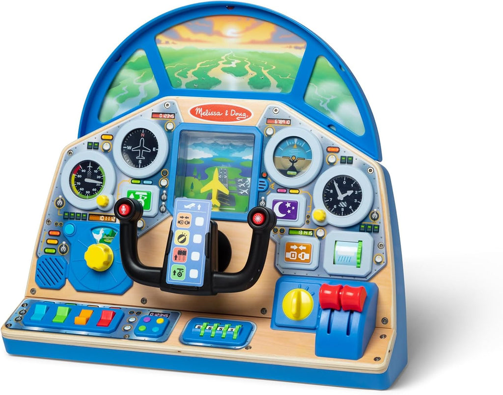 Melissa & Doug Jet Pilot Interactive Dashboard Wooden Toy for Boys and Girls Ages 3+ Cockpit Steering Wheel Pretend to Fly Experience, Fidget Buttons - FSC Certified