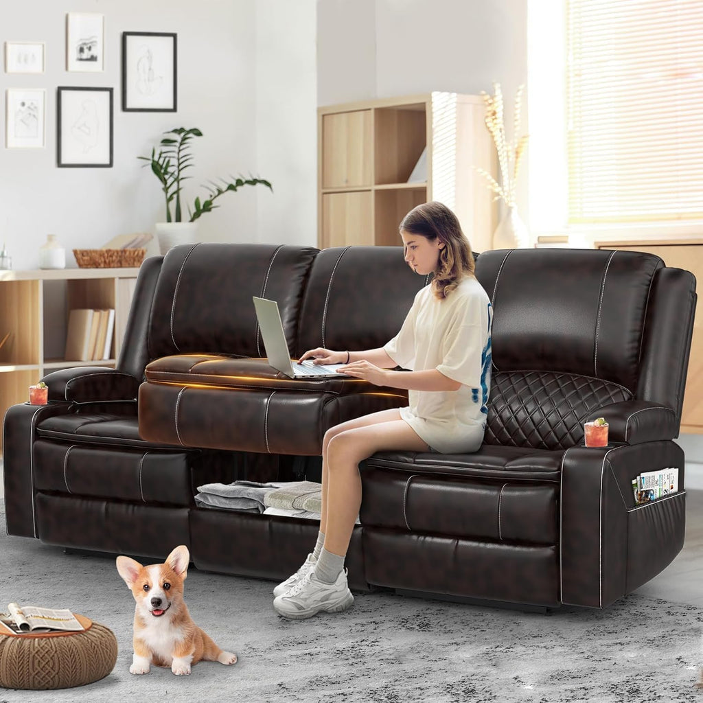 Yolsali 3-Seater Recliner Sofa, Manual Reclining Couch with Multi-Functional Middle Seat, Reclining Sofa for Living Room with Hidden Storage Space, Cup Holders, and Removable Console - PU Brown