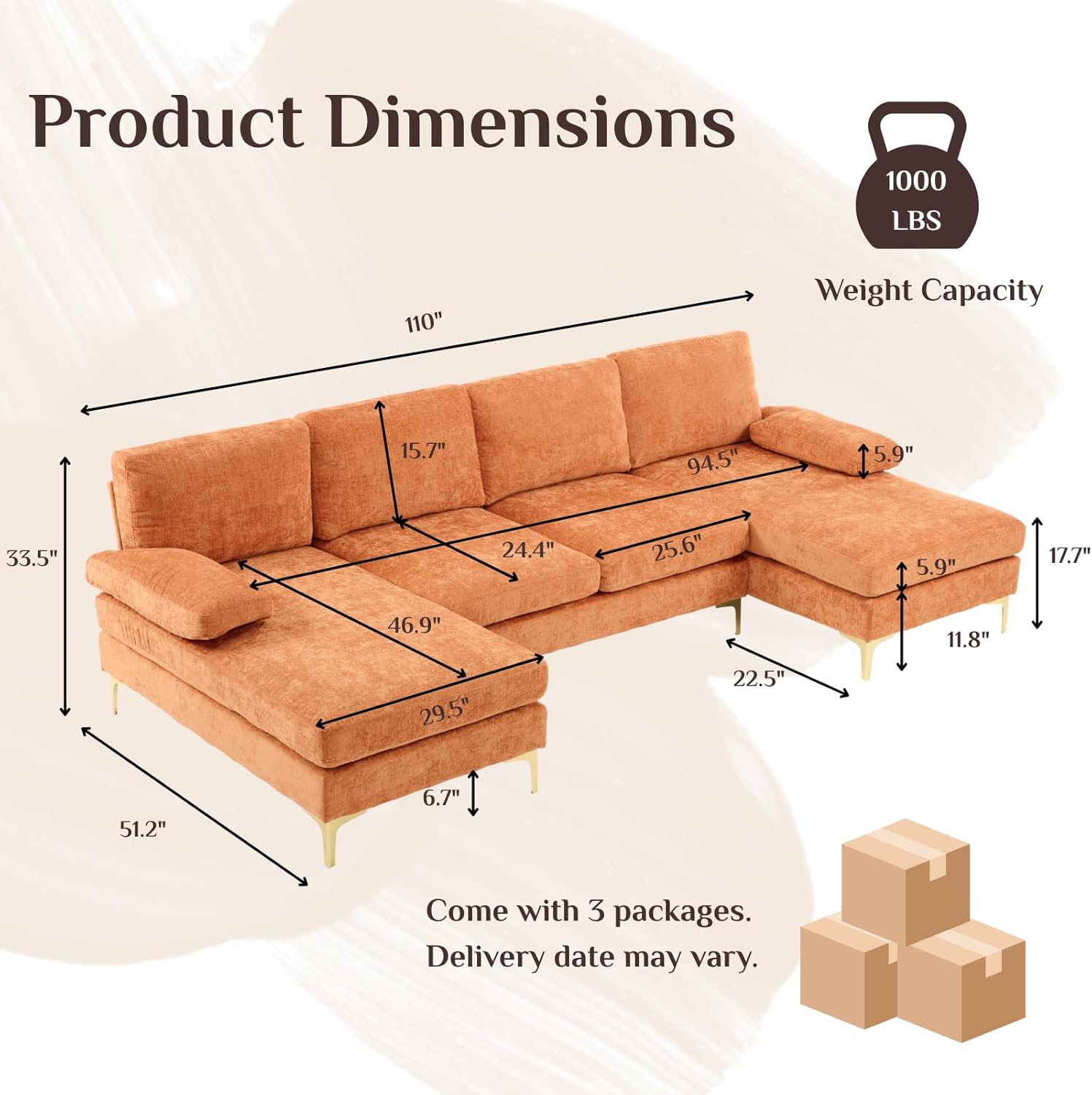 Karl home Convertible Sectional Sofa 110' U-Shape Sofa Couch 4-Seat Couch with Chaise ChenilleFabric Upholstered for Living Room, Apartment, Office, Orange