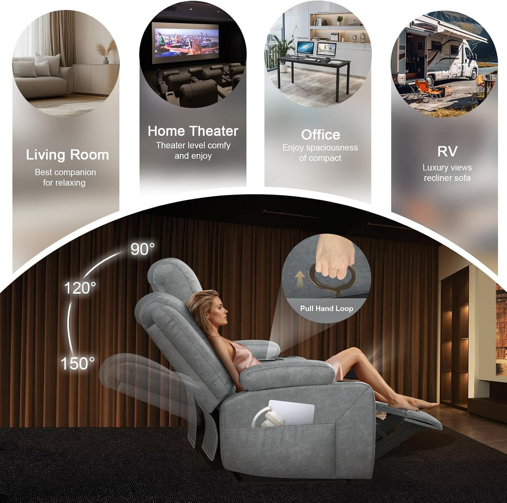 Recliner Sofa 3 Seater Sofa with Recliner, Home Theater Seating with Liftable Console & Removable Armrest, Manual PU Leather Reclining Couch with Cup Holders & USB Ports for Living Room/RV (PU,Grey)