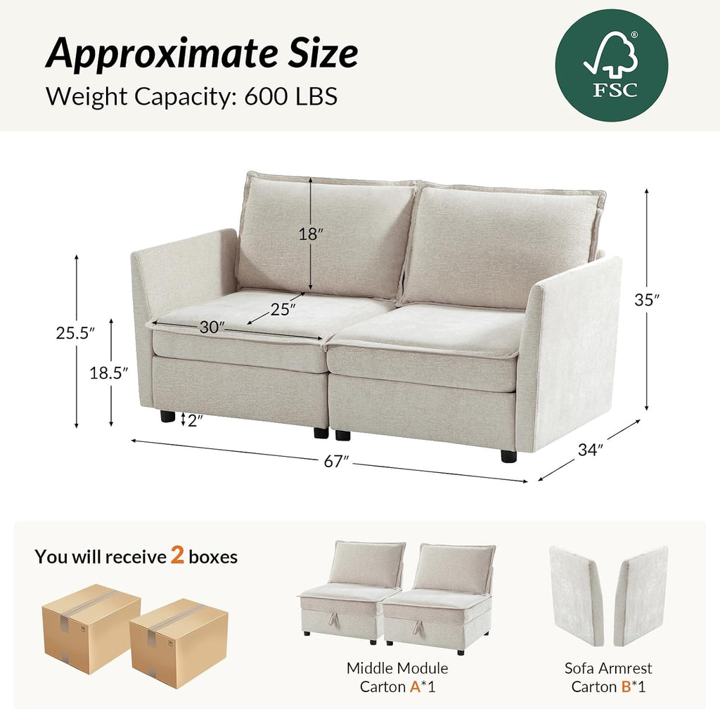 HULALA HOME 67'' Modern Chenille Loveseat Sofa, 2 Seater Couch with Storage, Comfy Deep Seat, Small Loveseat Couches for Living Room Furniture with Pillows, Easy to Install, Beige