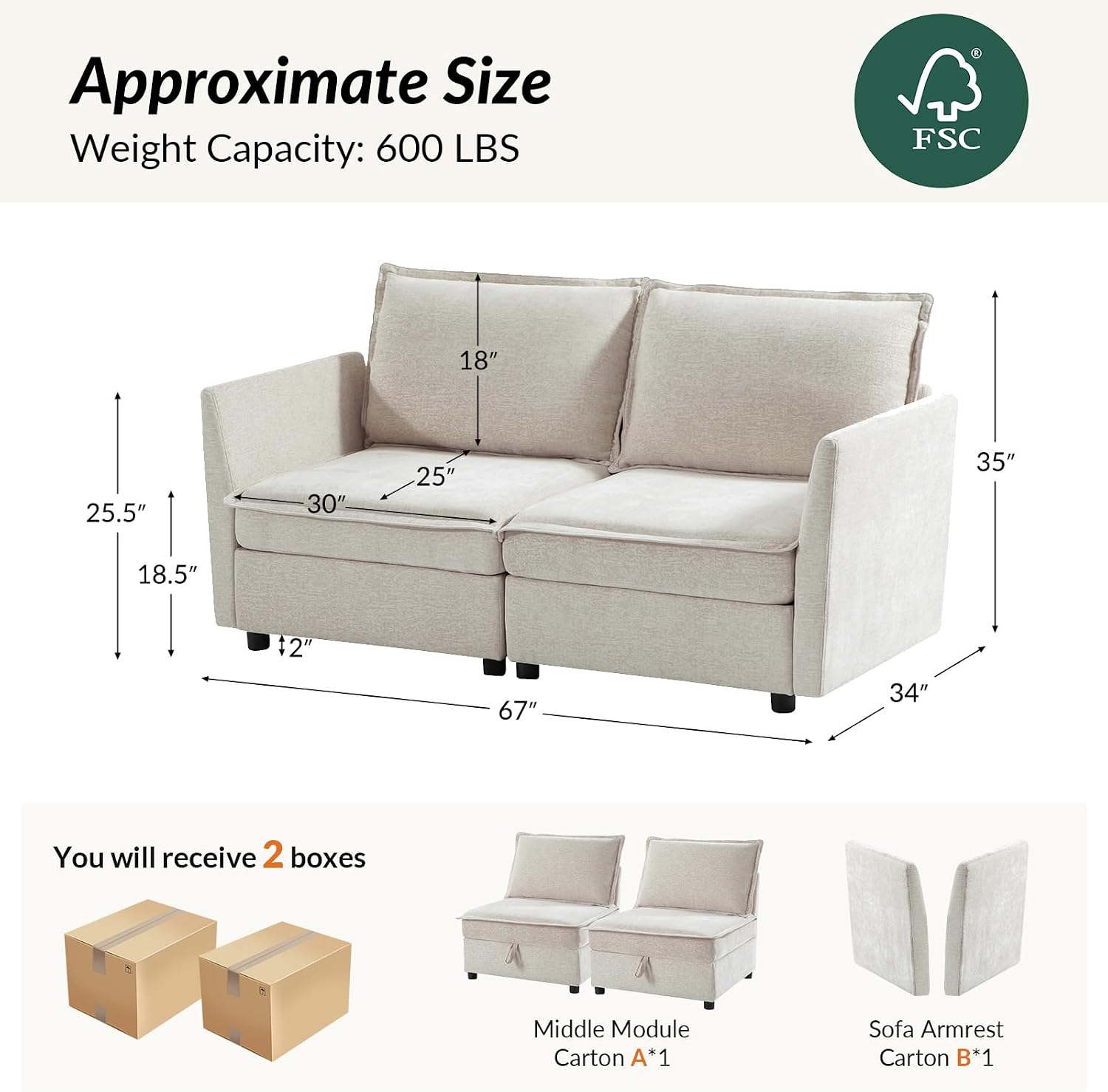 HULALA HOME 67'' Modern Chenille Loveseat Sofa, 2 Seater Couch with Storage, Comfy Deep Seat, Small Loveseat Couches for Living Room Furniture with Pillows, Easy to Install, Beige