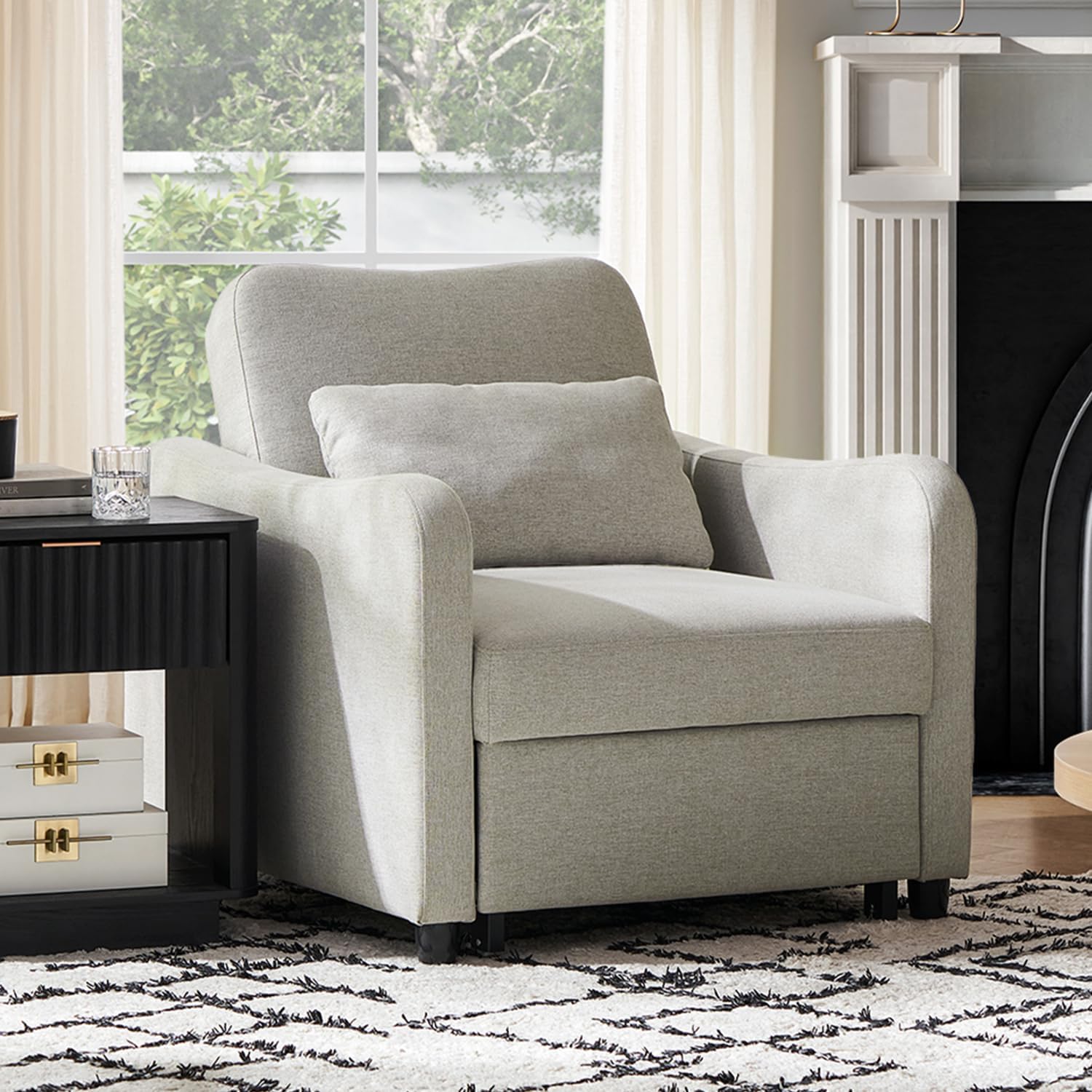 mopio Sophie 4-in-1 Convertible Sleeper Chair Bed, Accent Chair, Chaise Lounge, Comfy Reading Armchair, Pull Out Sofa Bed with Adjustable Backrest for Living Room, Bedroom (Light Gray Fabric)