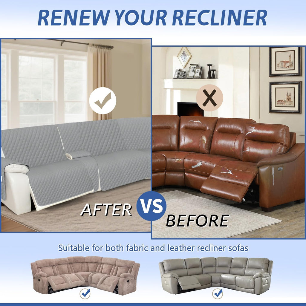 Arfntevss Recliner Sectional Couch Covers 1OO% Waterproof L Shape Sofa Cover for Reclining L Shaped Sectional Slipcover Dog Washable Corner Protector (XXL 5 Seater with 1 Console, Silvery Gray)