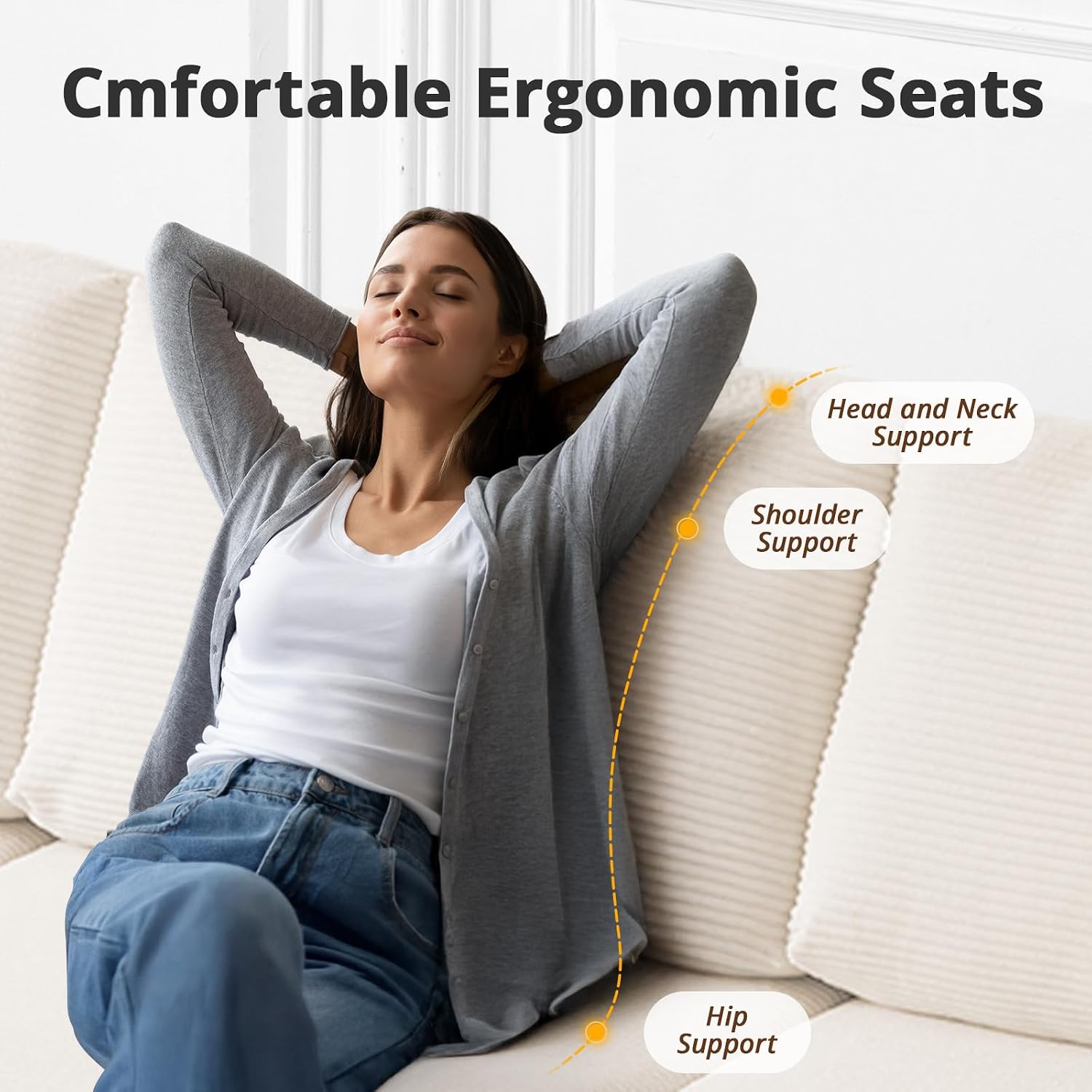 108' L-Shaped Boneless Couch, High Seat Modular Sectional Sofa with Moveable Ottoman, Corduroy Cloud Couches for Living Room, No Assembly, Ship in a Box, White