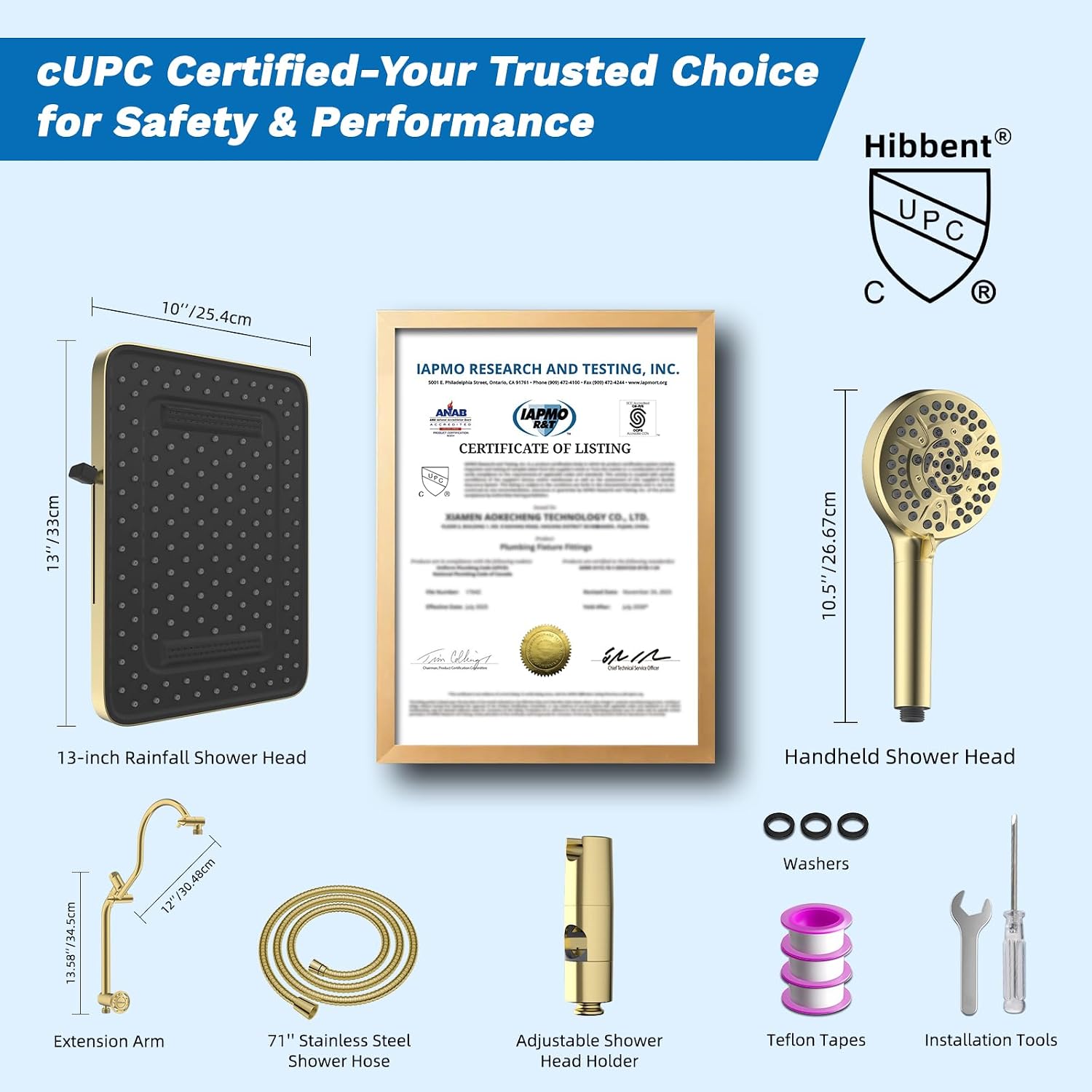 Hibbent cUPC Certified 13'' Shower Head Combo, High Pressure 5 Spray Rainfall Showerhead, 10 Spray Handheld, All Metal Easy Reach 4-way Diverter Arm with Pause Mode, 71'' Hose and Holder, Brushed Gold
