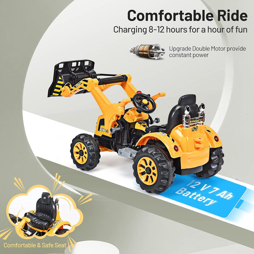 Costzon Ride on Excavator, 12V Battery Powered Construction Vehicles for Kids with Front Loader, Horn, Safety Belt, Treaded Wheels, Ride on Bulldozer Truck, Excavator Ride on Toy Gift for Boys Girls