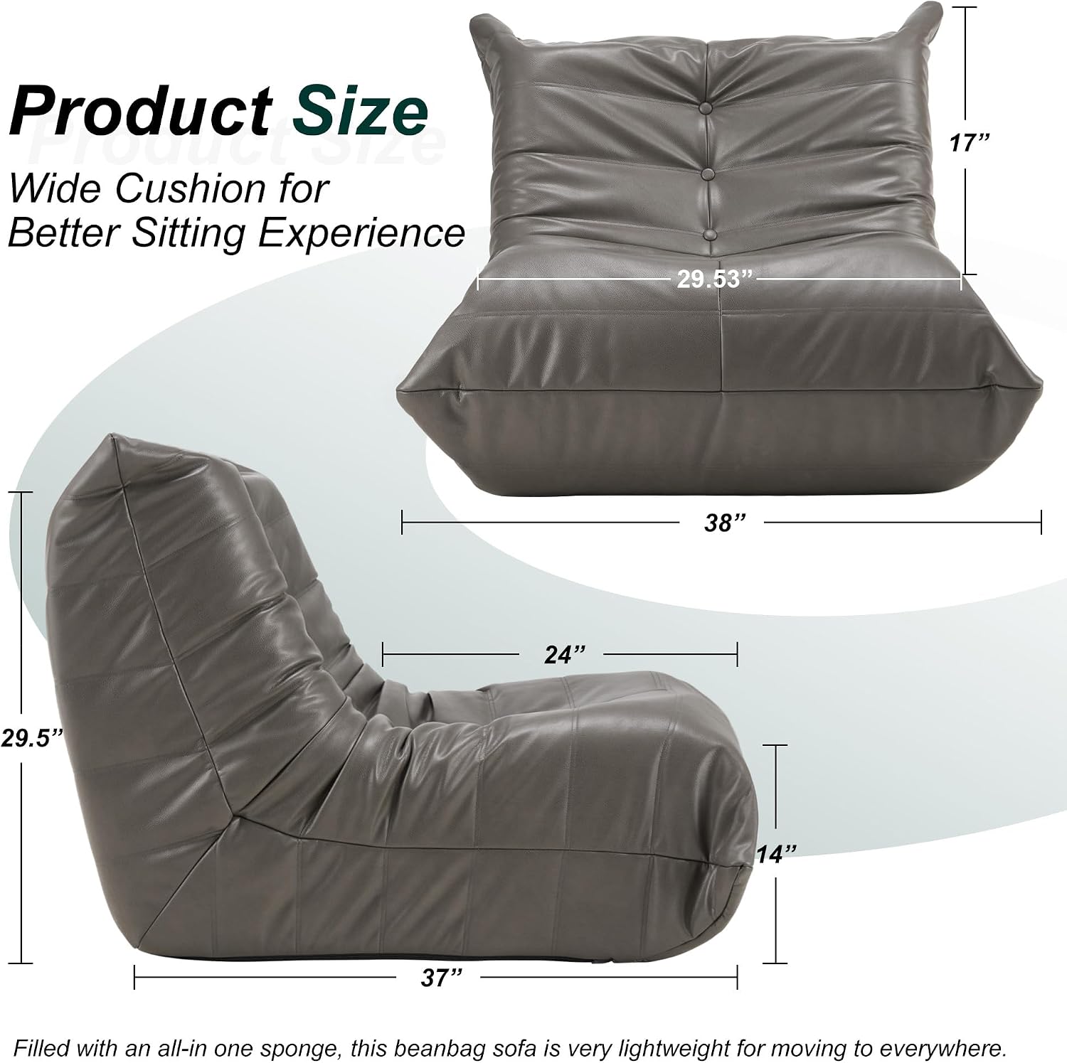 Hobestluk Giant Bean Bag Chair Lazy Floor Sofa, Memory Foam Fireside Sofa for Adults, Big Beanbag Faux Leather Armless Chair for Living Room Bedroom Dorm Office (Grey, Single)