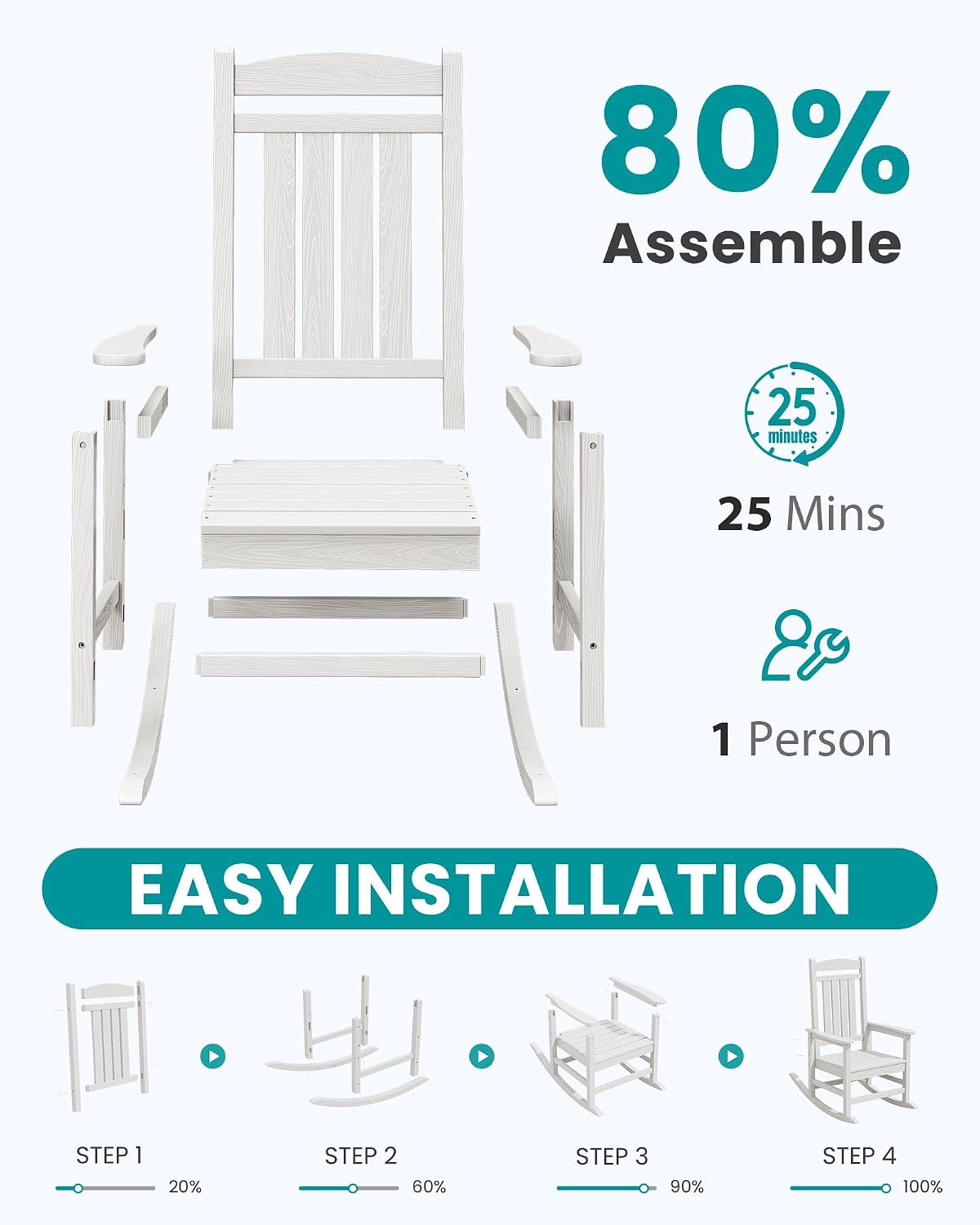 SERWALL Oversized Outdoor Rocking Chairs Set of 6, Oversized HDPE Porch Rockers for Adults, All-Weather Composite Patio Rocking Chairs, White