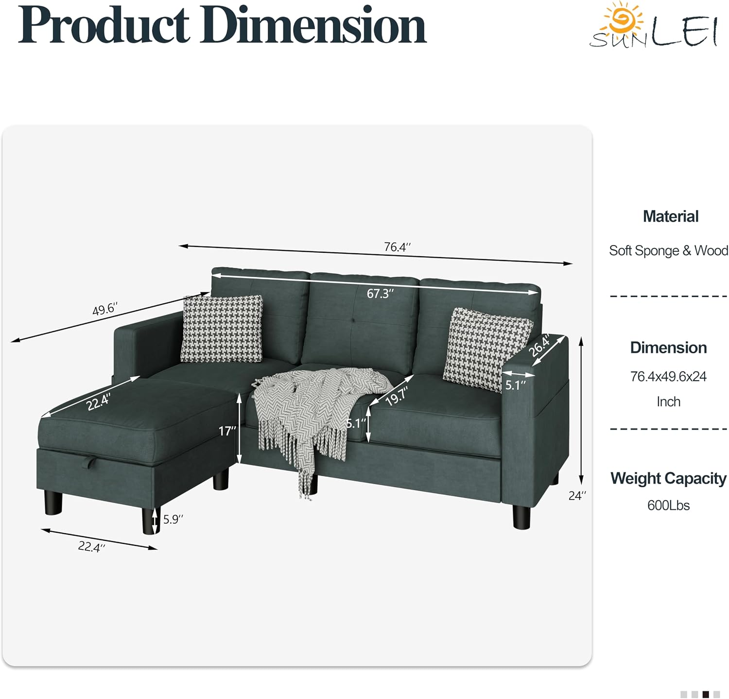 SUNLEI Convertible L-Shaped Sectional Couches for Living Room, Space-Saving 3-Seat Couch for Small Apartments & Living Rooms, Linen Fabric, Grey | L-Shaped