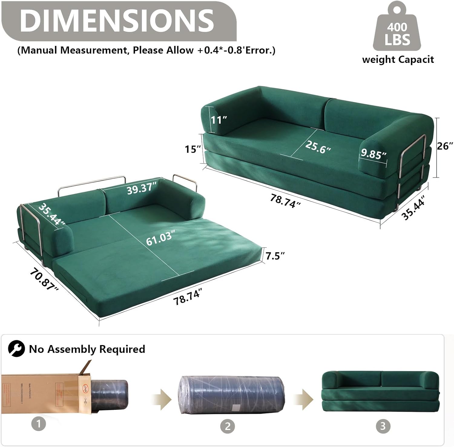 WHGBJA 79' Convertible Sleeper Sofa Bed with Cylindrical Pillow, Corduroy Folding Mattress Couch with Fixed-Shape Frame, Floor Sofa Lounge Couch for Living Room Bedroom Lounge Studio (Green)