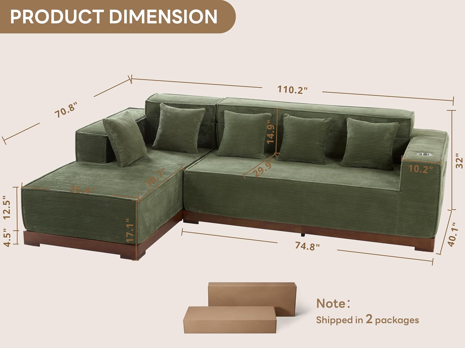 LIKIMIO 110-Inch L-Shaped Sofa Couch | LED Lighting