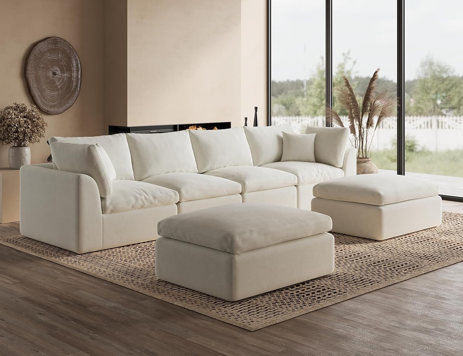 ohllob Oversized Cloud Sectional Couches for Living Room, Boneless U Shaped Couch with Ottoman, 4 Seater Modular Sectional Sofa, Warm White