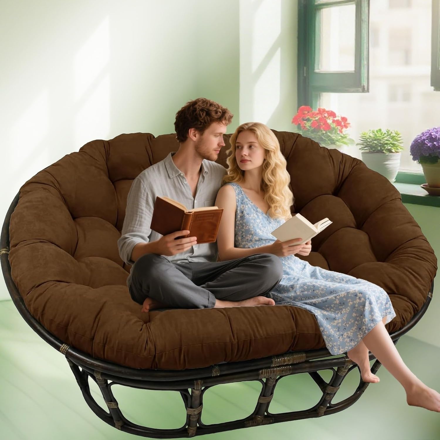 Wicker Papasan Chair Cushion, Shaggy Double Papasan Cushion, Modern Style Cozy Saucer Chair Mat, Soft Thicken Egg Chair Cushion for Round Chair Swing Chair Patio