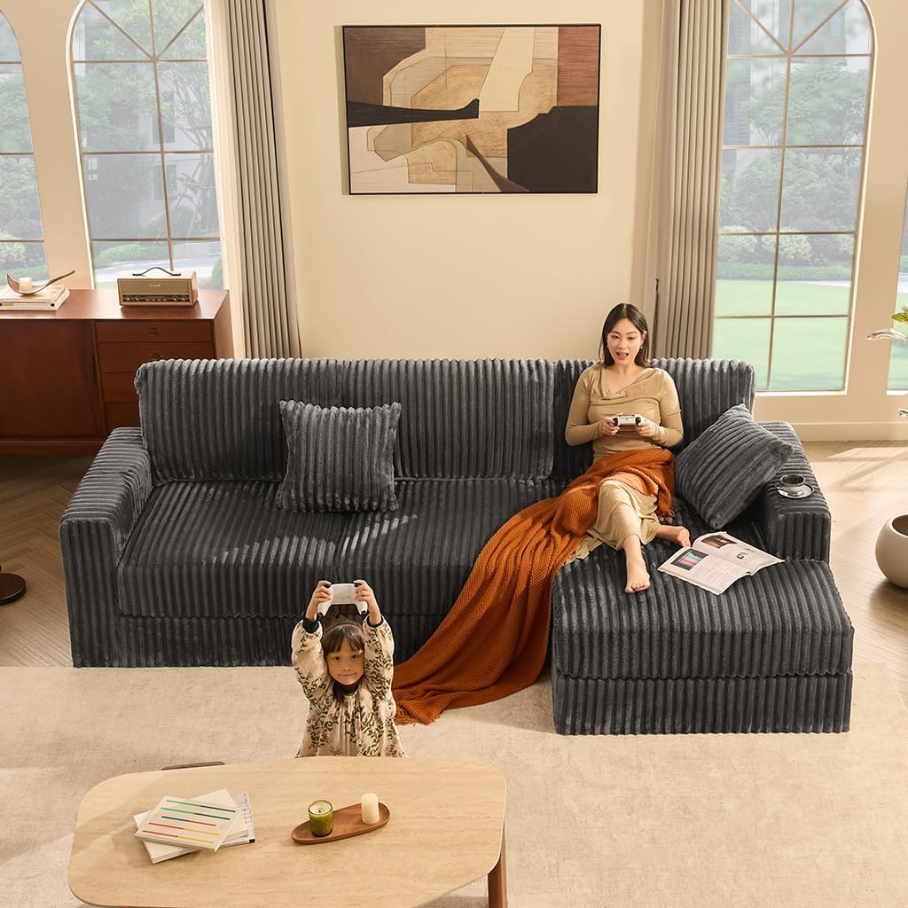 Cloud Couch 113' L-Shaped Couch (Not Boneless), 3-Seater Modular Sectional Couch, Queen Sofa with Corduroy Upholstery, Deep Seats, High Backrest & Pocket Spring Cushions, Right Facing Chaise, Grey
