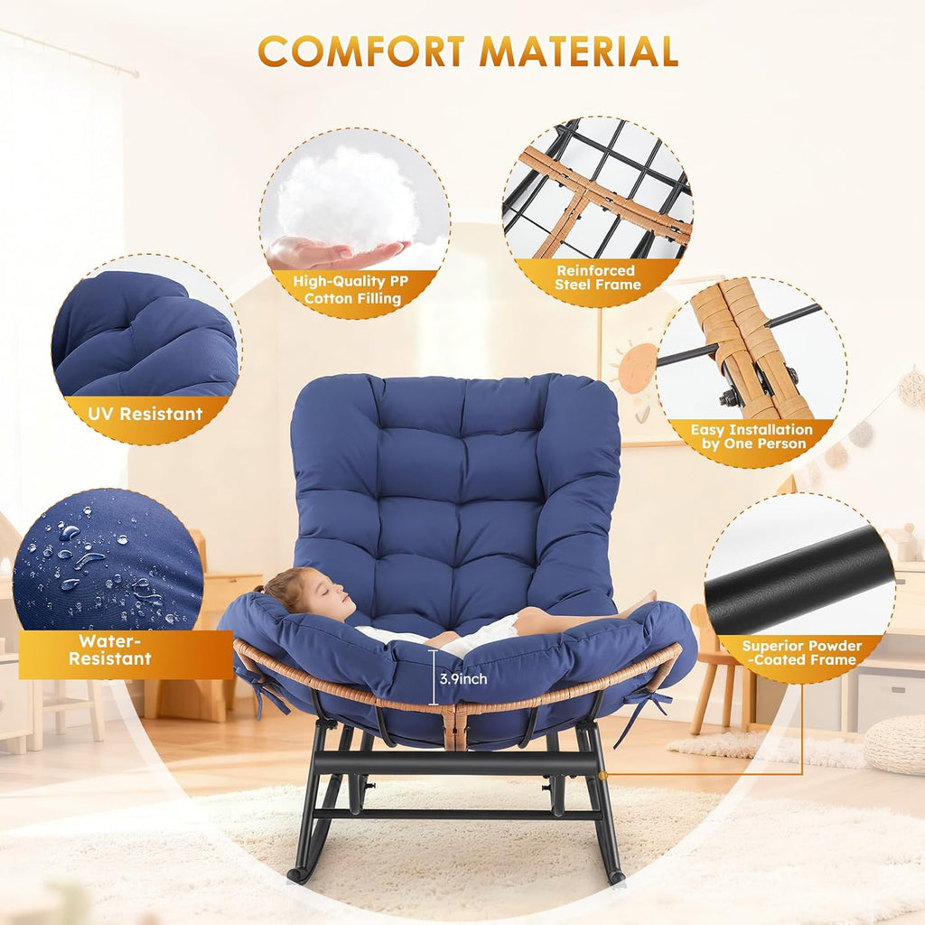 Garvee 2PCS Papasan Rocking Chair with Foot Rest, Oversized Papasan Chair with Thick Removable Cushion and Metal Frame, Lounge Chairs and PE Rattan Rocker for Patio, Porch, Garden, Lawn, Living Room