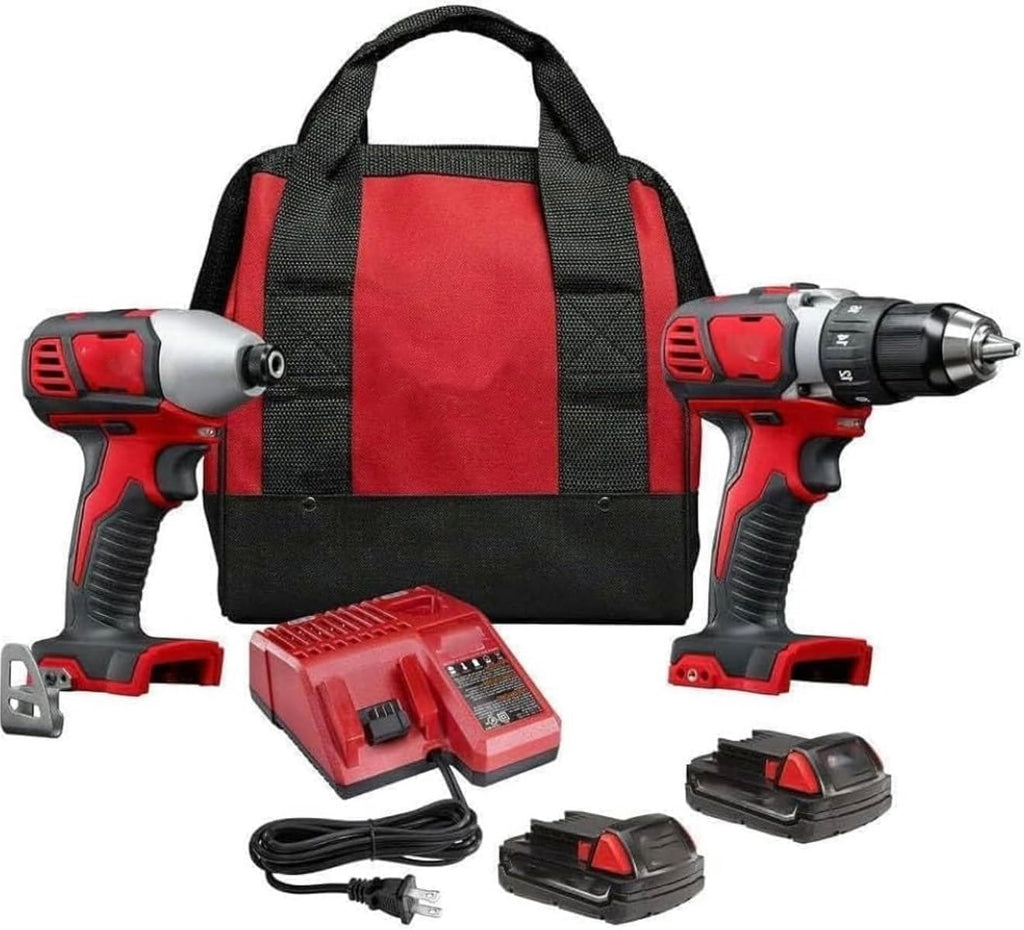 M18 Cordless Power Tool Combo Kit with 1/2' Drill Driver, 1/4' Impact Driver, 2 Batteries, Charger and Contractor Bag, Red and Black