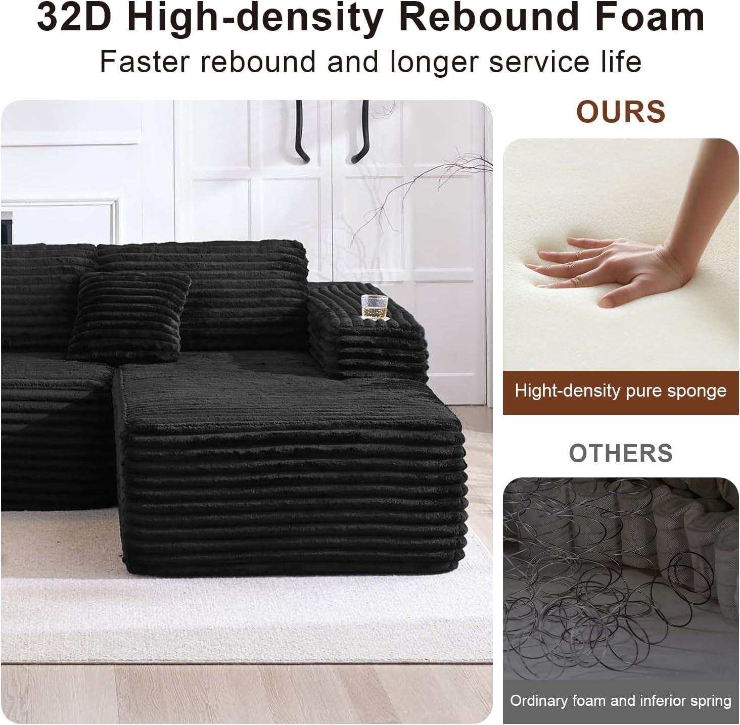Cloud Sofa Sectional Couch with L-Shape Chaise, Modern Corduroy Boneless Modular Sofa with Cup Holder for Living Room and Apartment, Deep Seat Floor Couch No Assembly (Black, Right Facing Chaise)
