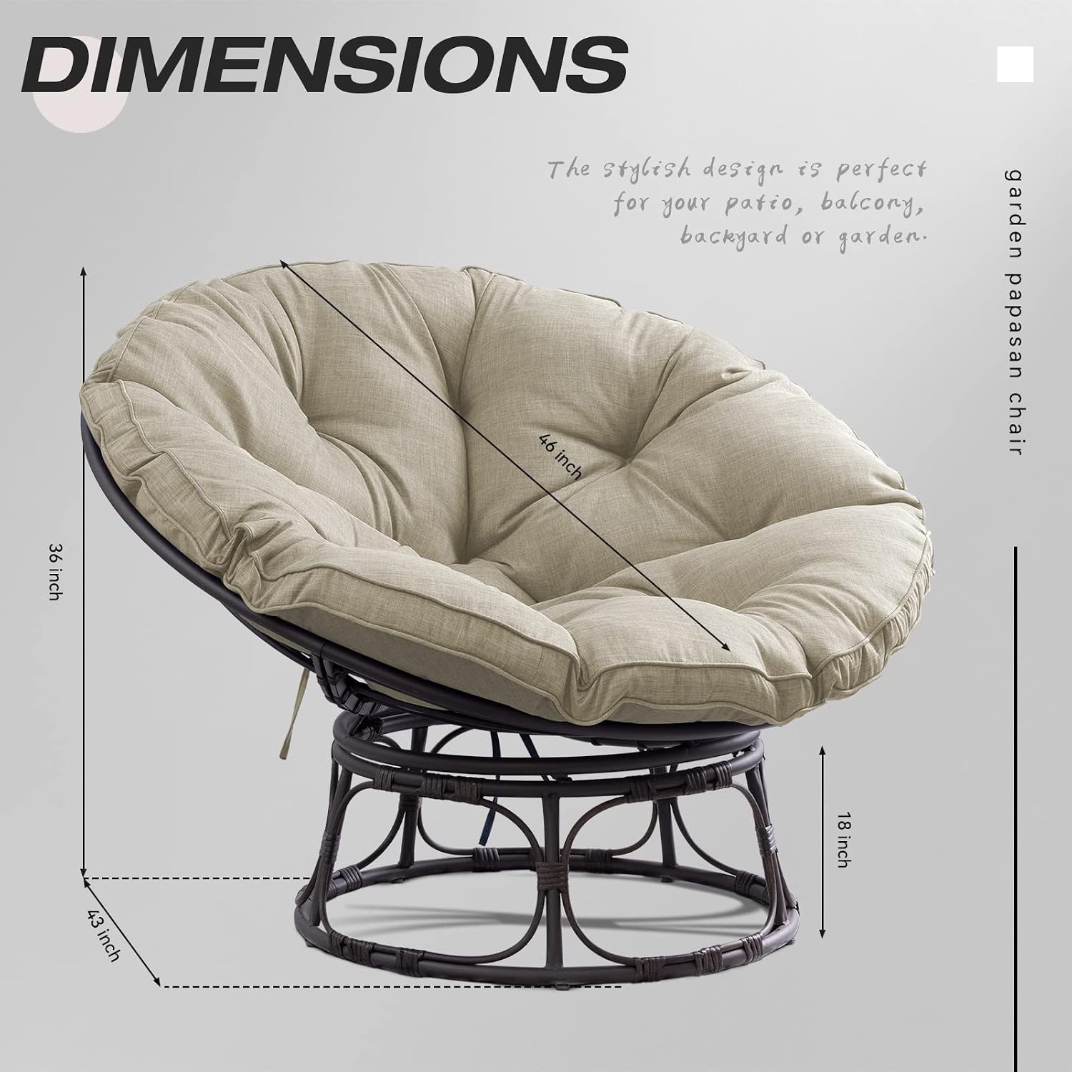 Joyside Papasan Chair with Cushion and Frame, 46'' Wicker Papasan Lounge Chair Large Saucer Chair, Brown Frame with Beige Cushion