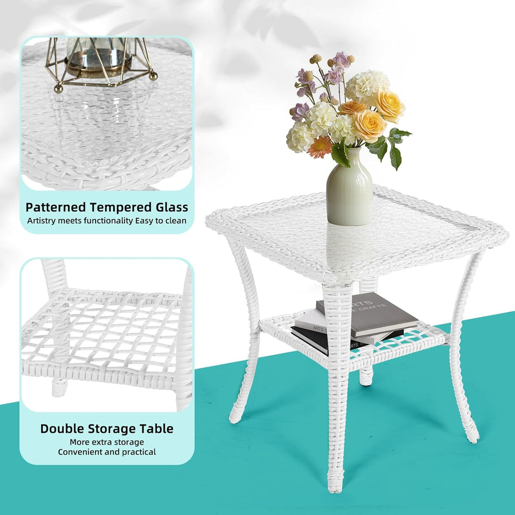 MEETWARM 3 Pieces Patio Conversation Set, Rattan Outdoor Rocking Patio Bistro Set with 2 Rockers and 1 Side Table with 4' Thick Cushions, Outdoor Furniture Set for Porch Backyard, White Wicker/Beige