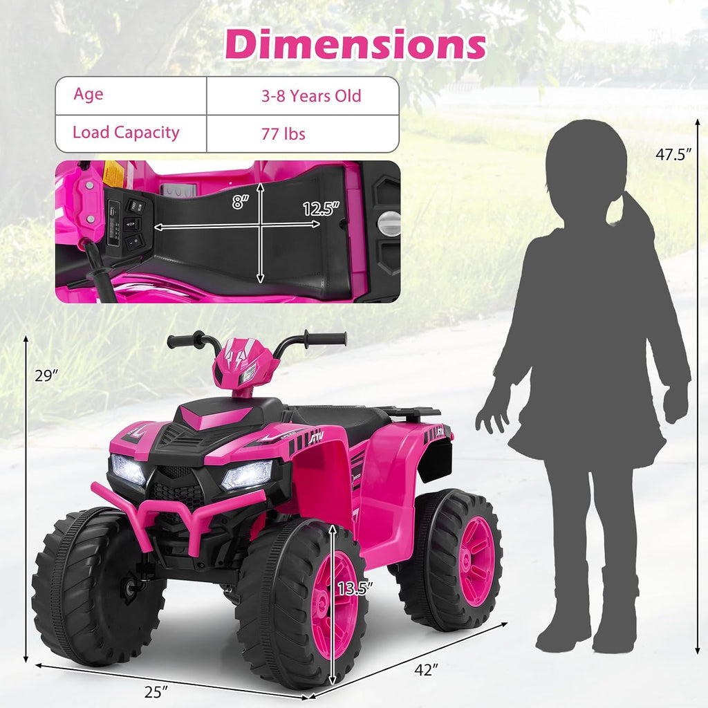 Costzon Kids ATV, 24V Four Wheeler Quad Ride on Car w/Forward/Backward, 2 Speeds, Wireless Connection, Music, Radio, LED Lights, Electric Vehicle Toddler 4 Wheeler for Kids, Boys & Girls 3-8 (Pink)