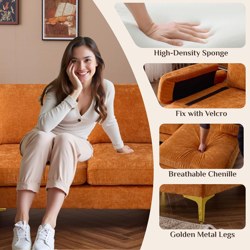 Karl home Convertible Sectional Sofa 110' U-Shape Sofa Couch 4-Seat Couch with Chaise ChenilleFabric Upholstered for Living Room, Apartment, Office, Orange