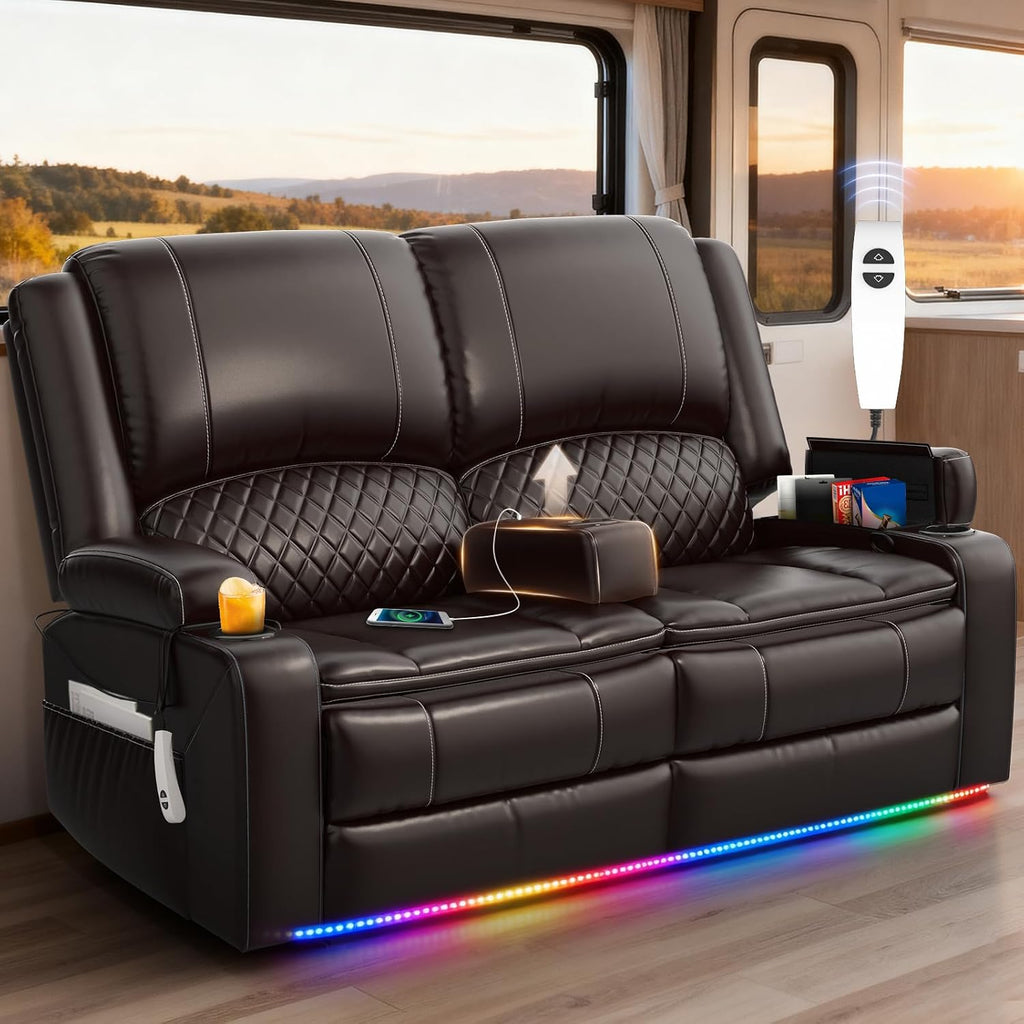 Upgraded Power Loveseat Reclining Couch, Reclining Loveseat Sofa RV Couch with Removable Armrest and Remote Control, Velvet Wall Hugger Home Theater Seating with 2-Tier Cushions, Storage (PU,Brown)