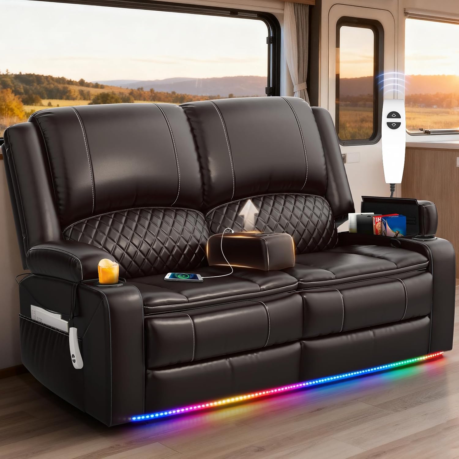 Upgraded Power Loveseat Reclining Couch, Reclining Loveseat Sofa RV Couch with Removable Armrest and Remote Control, Velvet Wall Hugger Home Theater Seating with 2-Tier Cushions, Storage (PU,Brown)