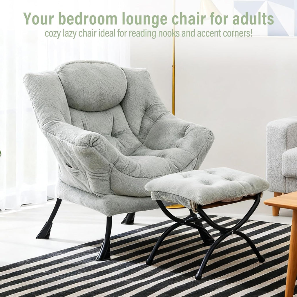 Furlide Lazy Chair with Ottoman, Modern Accent Chair with Armrests and a Side Pocket, Plush Green Accent Chairs, Reading Chairs, Oversized Armchairs for Bedroom, Study, Living Room, Courtyard