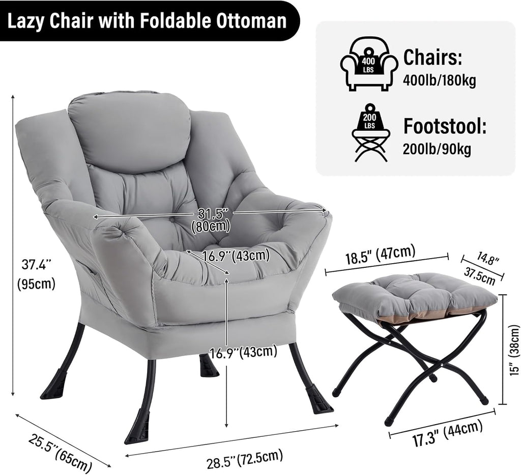 Furlide Lazy Chair with Ottoman, Modern Accent Chairs with Folding Footrest, Light Grey Sofa Chair Set, Comfortable Reading Chairs, Oversized Armchairs for Bedroom, Study, Living Room, Courtyard