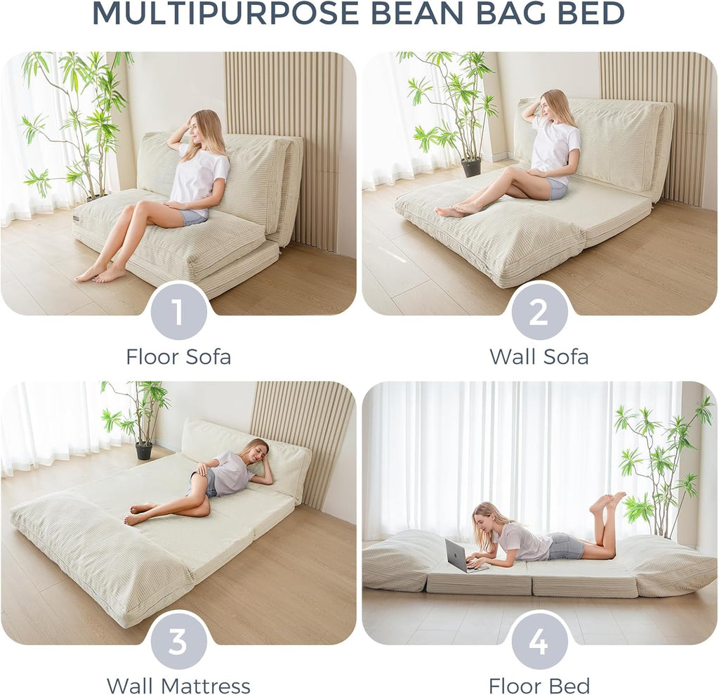 MAXYOYO Folding Sofa Bed, Extra Thick and Long Floor Sofa Convertible Sleeper Chair with Washable Cover, Floor Couch Lounge Bean Bag Bed for Living Room, Beige, 54x95 Inch