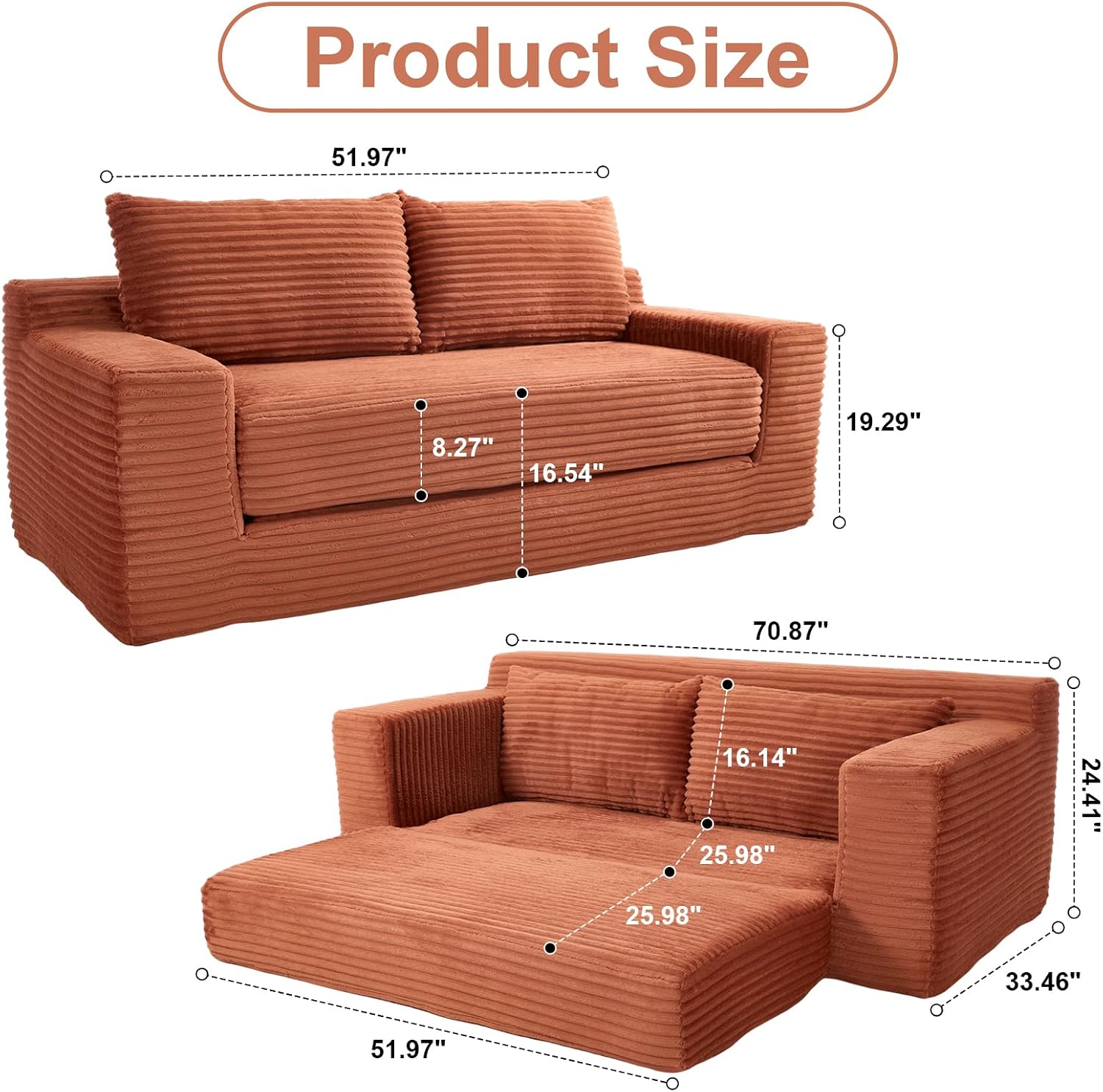 GNIXUU Corduroy Cloud Loveseat Sofa, 2 in 1 Convertible Sleeper Sofa with Fixed-Shape Frame, Comfy Folding Boneless Love Seat Couches for Living Room, Apartment, Small Spaces. Orange