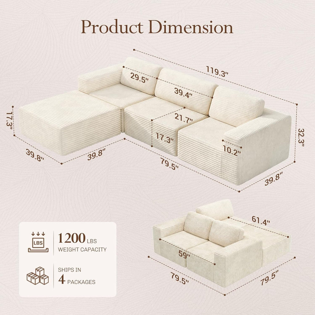 Vesgantti 119' L-Shaped Modular Sectional Sofa, Corduroy Cloud Couch with Deep Seating & Spring Support, Flexible Layout Sofa with Ottoman, Boneless Style, No Assembly Required, Beige