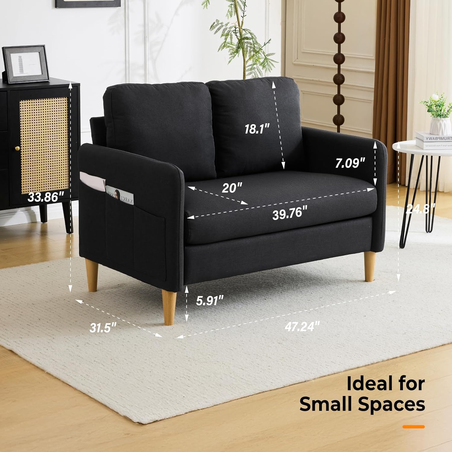 VINGLI 47' Small Couch, Linen Loveseat Sofa Black Mini Couch Mid Century Modern Decor Love Seat for Small Spaces Living Room, Bedroom, Play Room