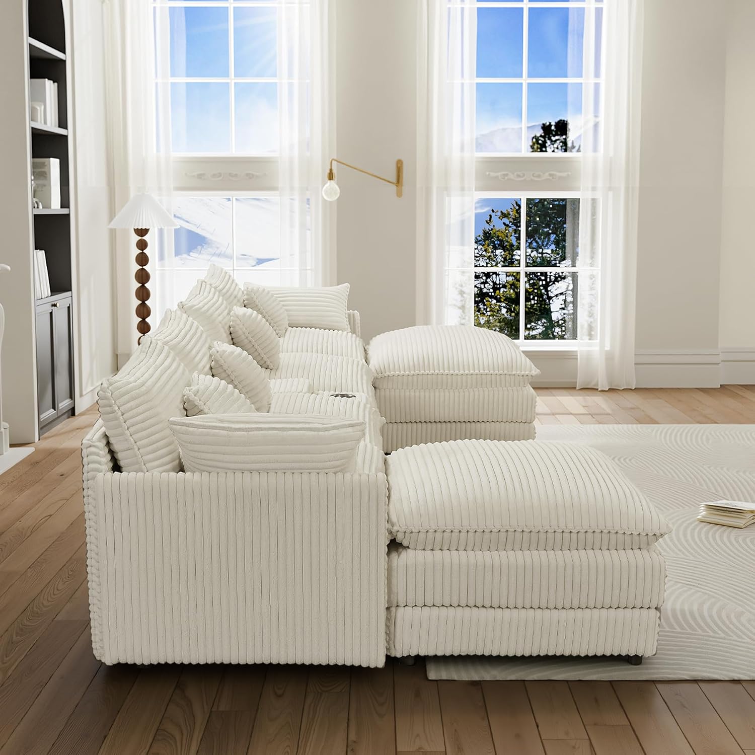 145'' U-Shaped Cloud Sofa, Beige Modular Sofa Suitable for Living Rooms Extra Large Comfortable and Fluffy Corduroy Sofa and Features USB Ports and Storage Ideal for Pet-Owning Families with Children