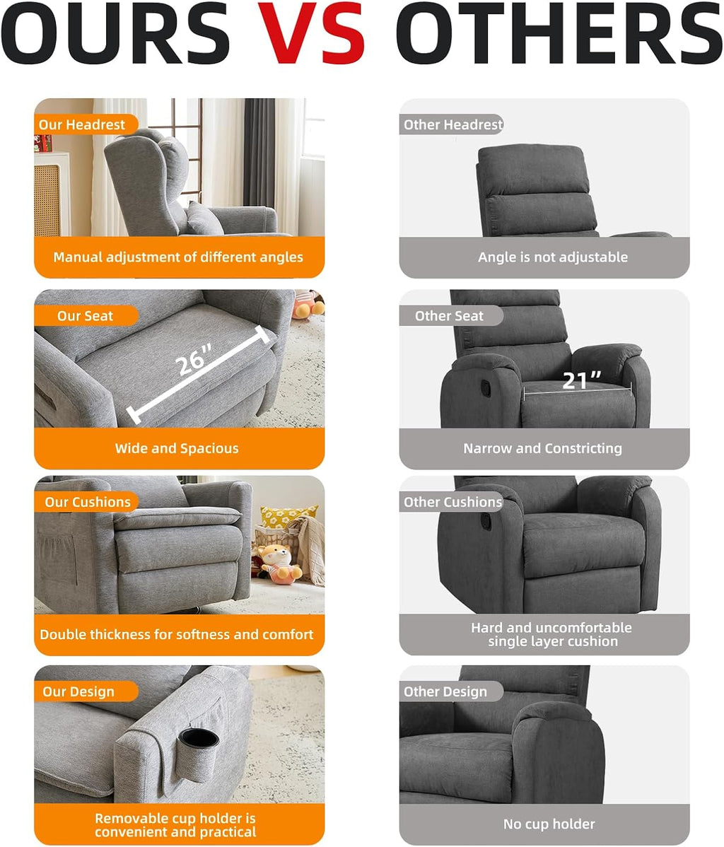 Power Recliner Chair Swivel Glider, Oversized Swivel Rocker Recliner with Adjustable Headrest, Chenille Glider Recliner Nursery Chair with Overstuffed Lumbar Support, USB Ports,Grey
