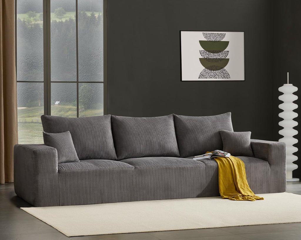 Gericco 113' Modular Sectional Couch, Cloud Boneless Sofa with Deep Seats, Upholstered Corduroy Sleeper Sofa Bed with 3-Seater for Living Room, No Assembly Required, Grey