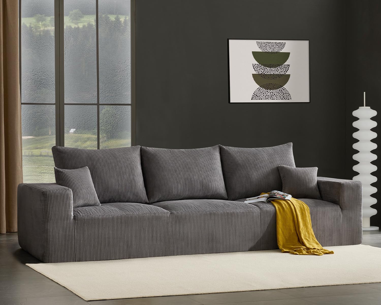 Gericco 113' Modular Sectional Couch, Cloud Boneless Sofa with Deep Seats, Upholstered Corduroy Sleeper Sofa Bed with 3-Seater for Living Room, No Assembly Required, Grey