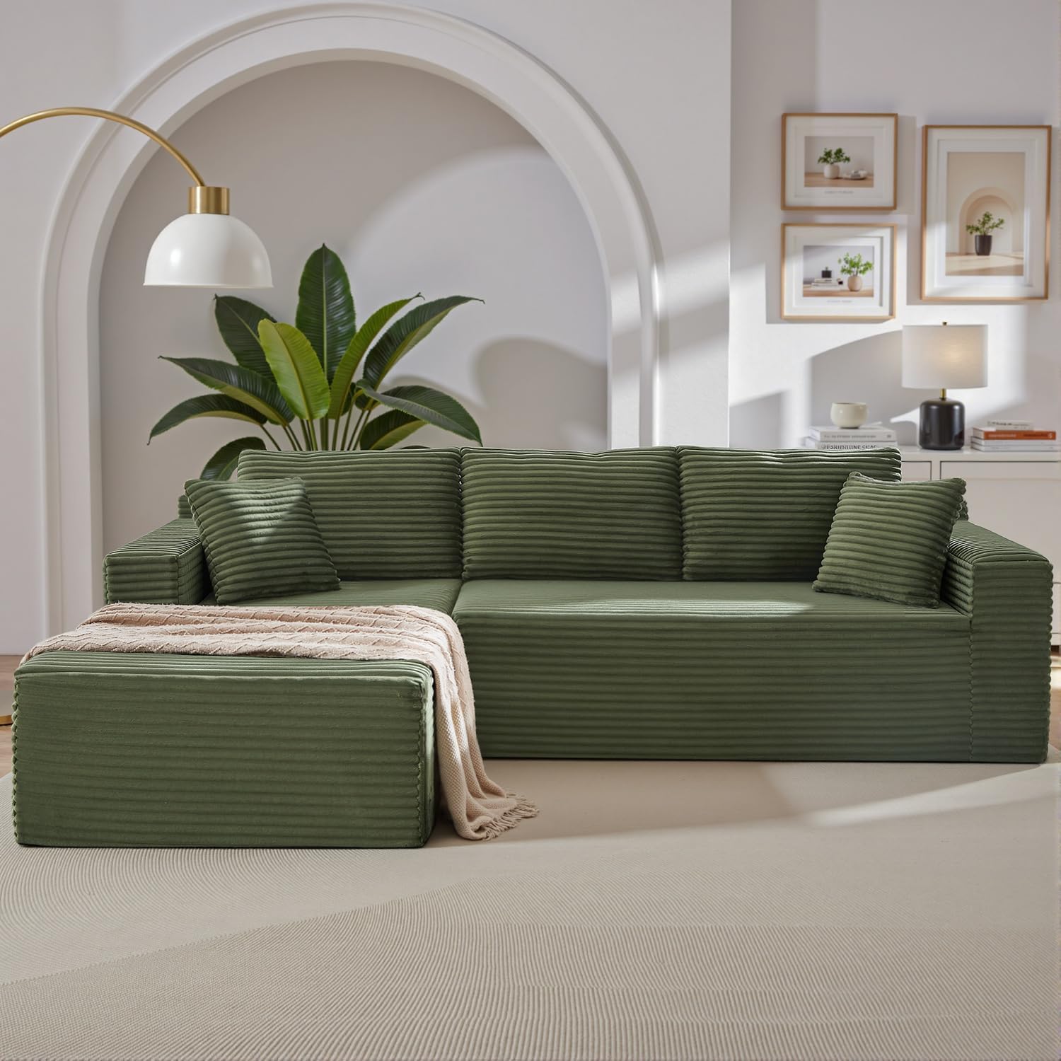 Cloud Sectional Couch,105 Inch Modern Modular Sectional Sofa with Deep Seat,Corduroy Boneless Couches with L-Shape Chaise for Living Room Bedroom,No Assembly Required (Green, Left Facing Chaise)