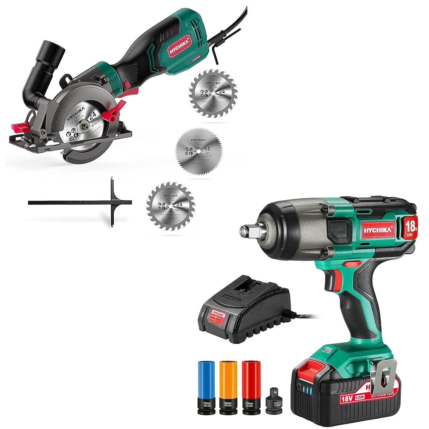 HYCHIKA Power Tool Combo Kit, 18 V Max Cordless Impact Wrench with 1/2 Impact Drivers,6.2A Mini Circular Saw with 3 Blades (4-1/2'),2-Tool Power Tool Set