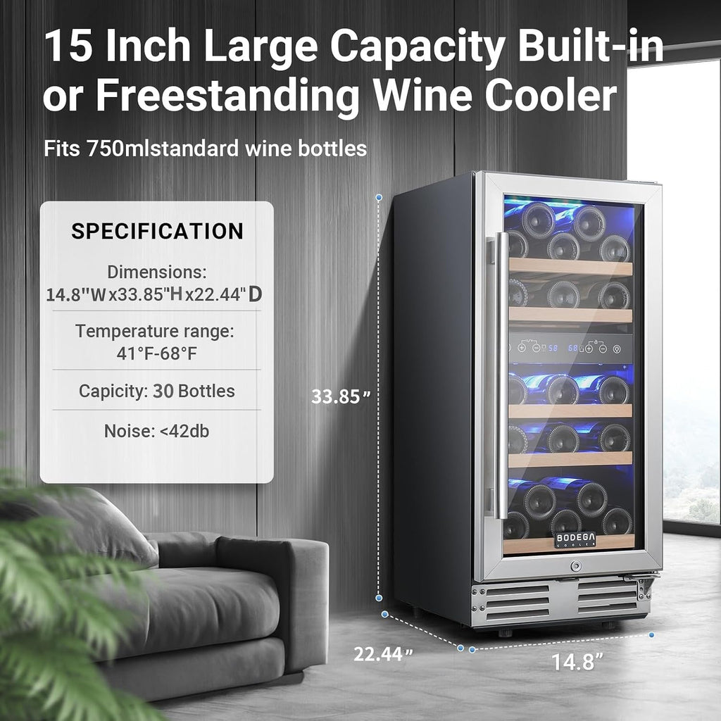 BODEGA 15 Inch Wine Cooler Dual Zone, 30 Bottle, Built-In or Under Counter Freestanding Wine Cooler Refrigerator With Stainless Steel Handle, Wine Fridge With Lock, Energy Efficient,For Home, Kitchen