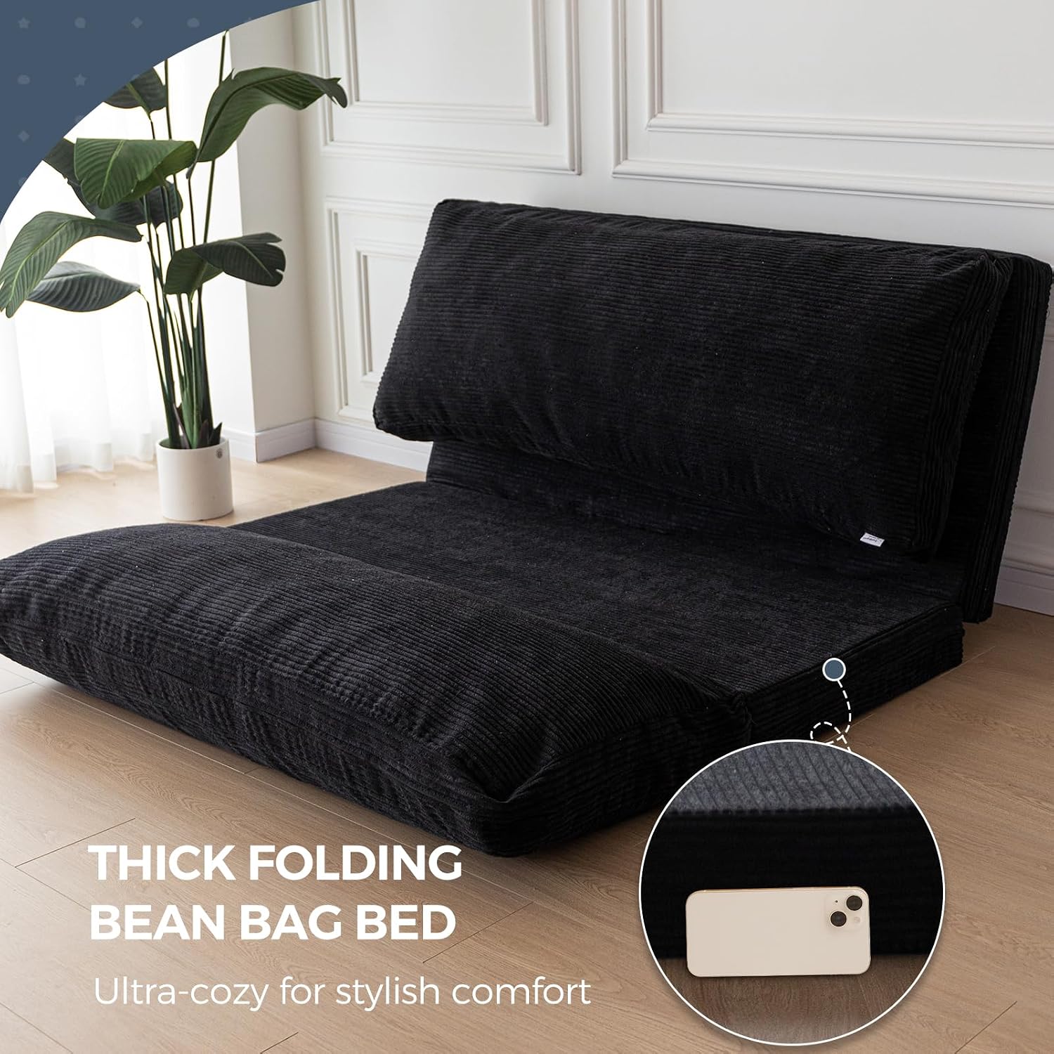 MAXYOYO Folding Sofa Bed, Extra Thick and Long Floor Sofa Convertible Sleeper Chair with Washable Cover, Floor Couch Lounge Bean Bag Bed for Living Room, Black, 39x95 Inch