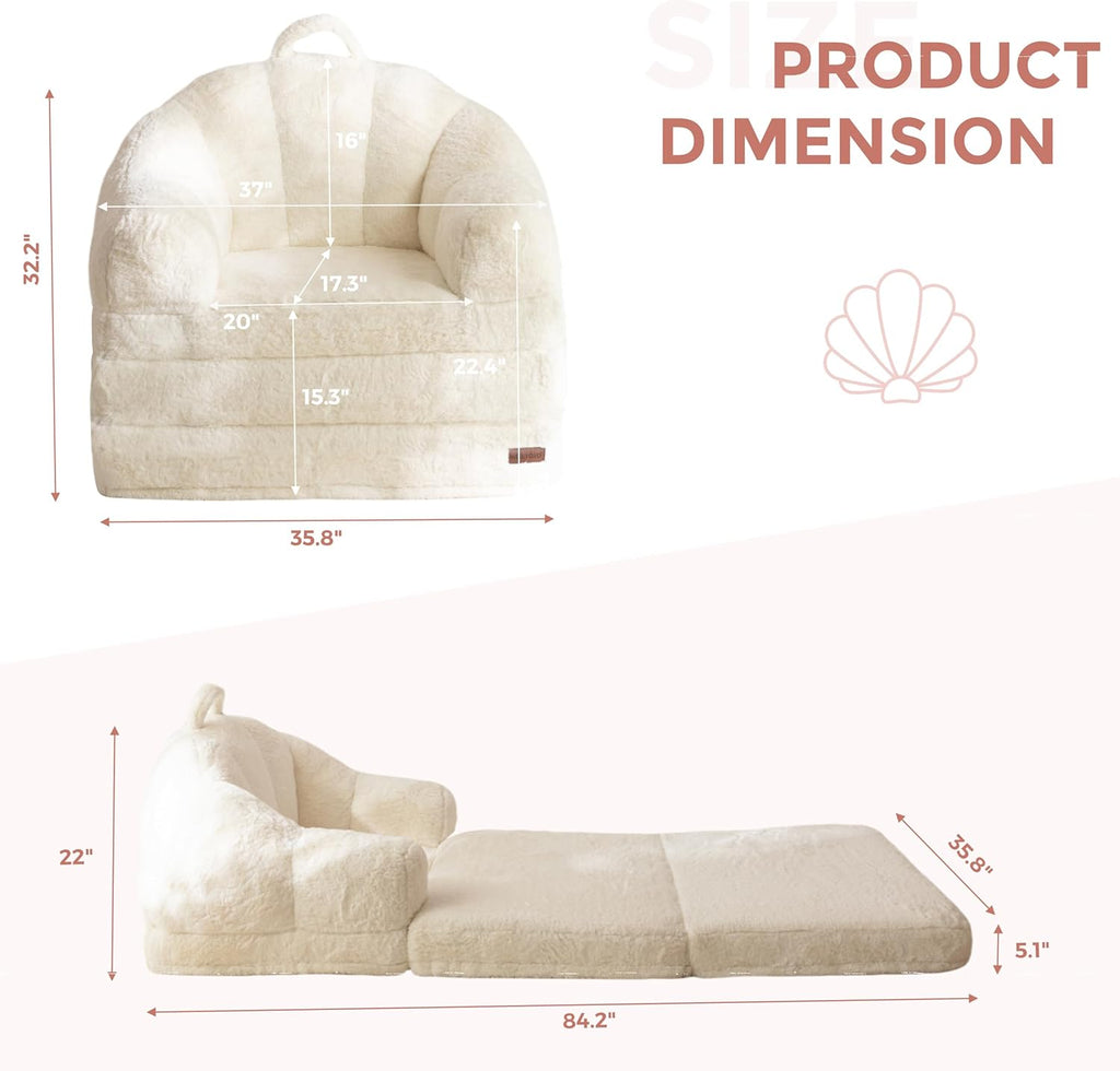 MAXYOYO Folding Sofa Bed, 2 in 1 Convertible Sofa to Lounger Comfy Single Bean Bag Chair for Adults, Floor Sleeper Couch with Handle, Faux Fur Couch Bed for Living Room Bedroom, Beige