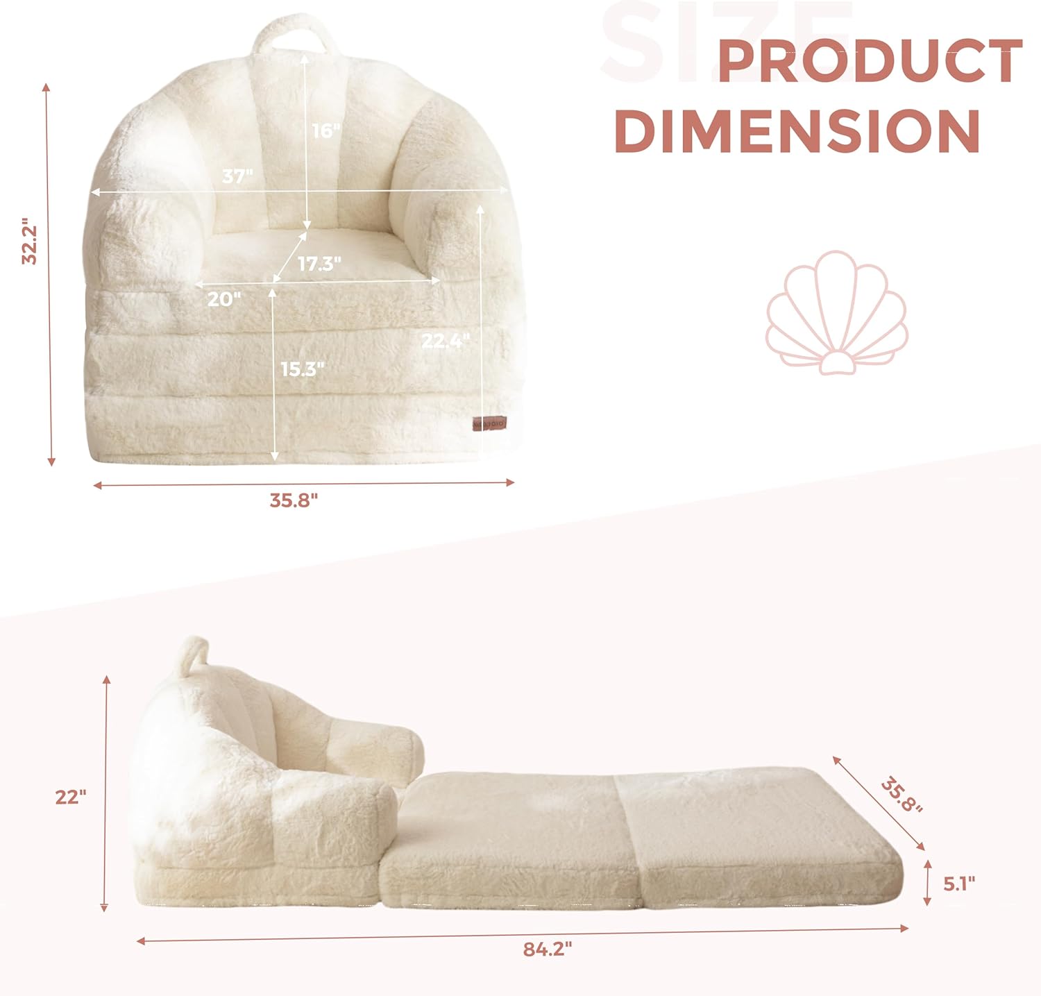 MAXYOYO Folding Sofa Bed, 2 in 1 Convertible Sofa to Lounger Comfy Single Bean Bag Chair for Adults, Floor Sleeper Couch with Handle, Faux Fur Couch Bed for Living Room Bedroom, Beige
