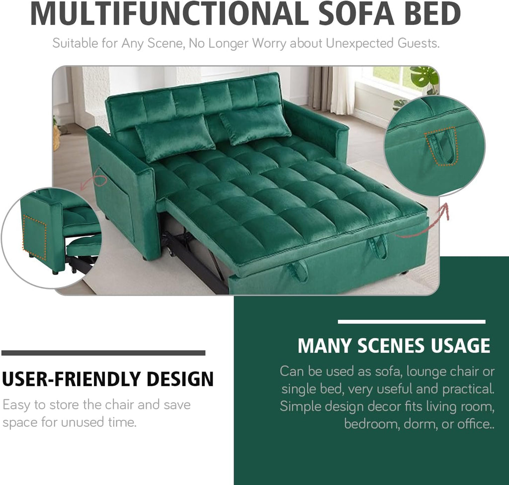 3 in 1 Convertible Sleeper Sofa Bed, 54'' Full Size Velvet Pull Out Futon Couch Recliner with Reclining Backrest & 2 Pillows, Small Loveseat Lounge Couches for Small Spaces (Dark Green)